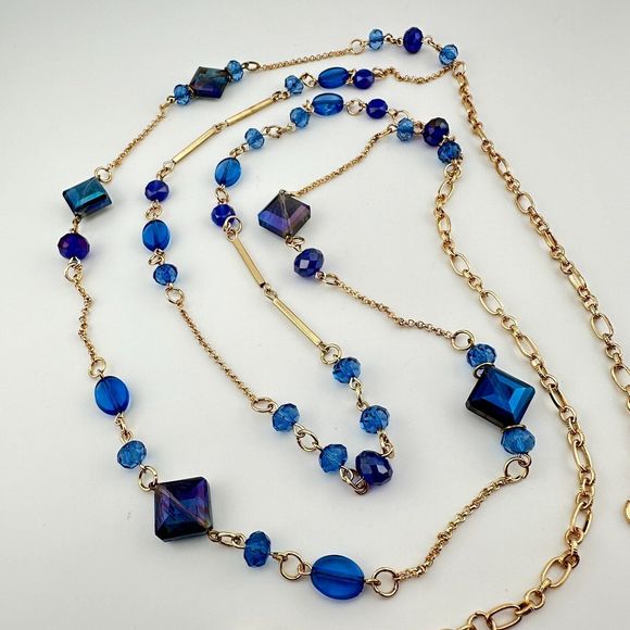 Blue Iridescent Plastic Beads Double Gold Tone Chain Necklace Vintage Style 36" - Picture 1 of 9